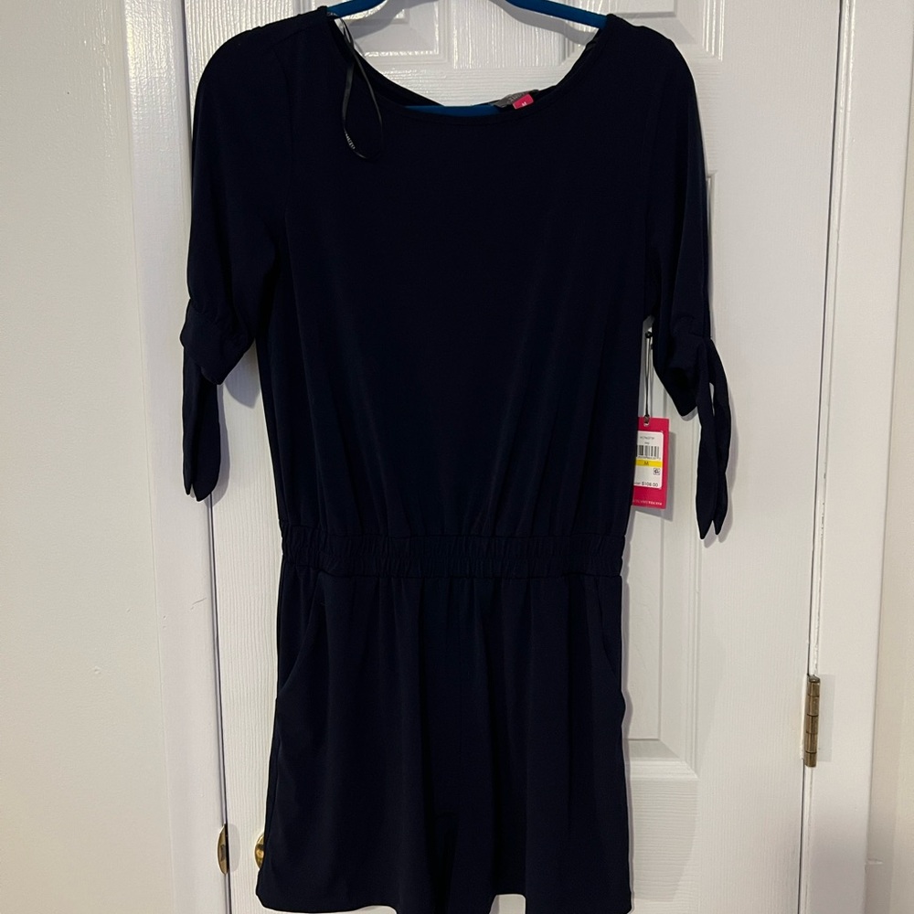 Navy Short Sleeve Tie-Sleeve romper